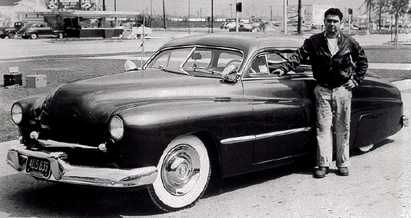 Sam Barris and his chopped Merc coupe in 1949